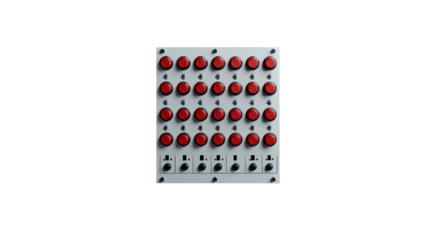 A control panel with 30 red buttons arranged in a grid and 7 black switches below, mounted on a metal plate.