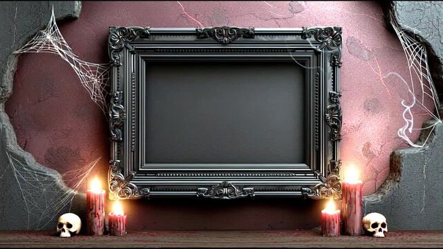 Mysterious antique frame with flickering candlelight and animated shadows creating eerie atmosphere