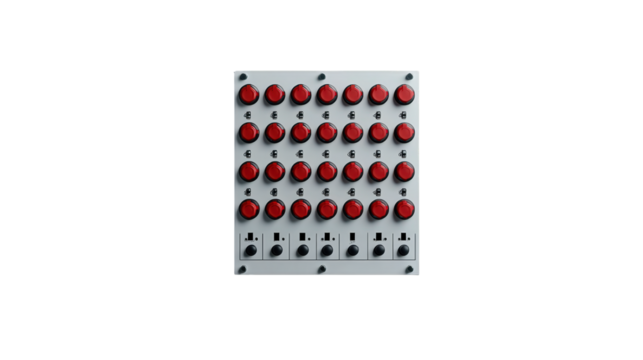 A control panel with 30 red buttons arranged in a grid and 7 black switches below, mounted on a metal plate.