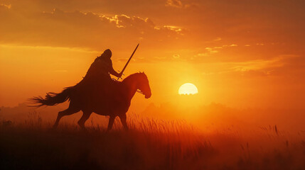 Dark silhouette of a lone rider on horseback with a spear, galloping through a field of tall grass at sunset, with a bright orange and yellow sky and the setting sun in the distance, evoking travel 