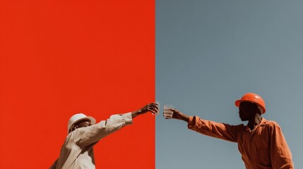 Two figures exchanging a drink against a vibrant color split