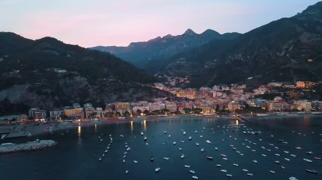 Aerial landscape of Amalfi Coast village Maiori Mediterranean Sea during summer in Campania