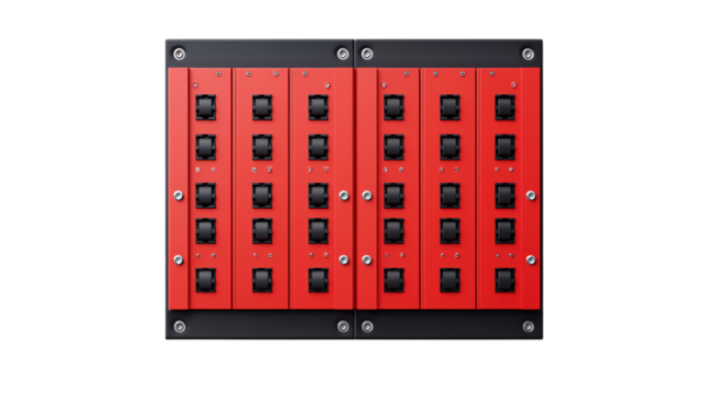 A red and black control panel with multiple black toggle switches arranged in rows and columns.