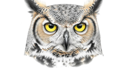 Detailed great horned owl face with intense yellow eyes isolated on transparent background