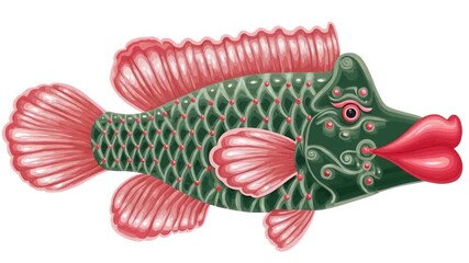 A festive, decorative fish illustration with vibrant red and green colors, ideal for cultural celebrations and artistic design themes features intricate patterns and folkloric motifs