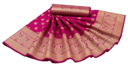 Luxurious magenta banarasi silk saree with intricate gold paisley motifs isolated on transparent background