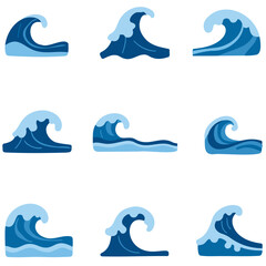 Obraz premium Various styles of ocean waves illustrated in shades of blue 