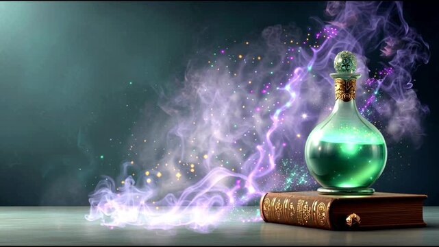 Enchanted potion erupts with magical mist and sparkling particles on ancient tome