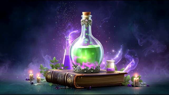 Enchanted potion animation glowing elixir transforms as mystical aura enhances magical ambiance