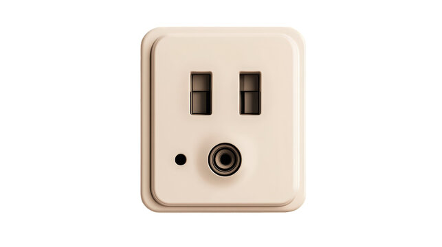 A beige electrical outlet with two rectangular sockets and a circular grounding hole in the center.