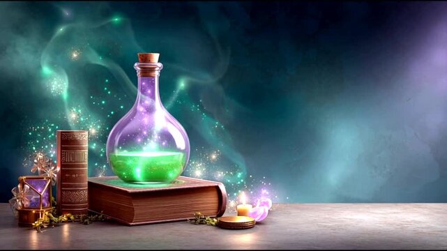 Enchanting alchemy magic potion brews with glowing essence and mystical aura in vibrant laboratory
