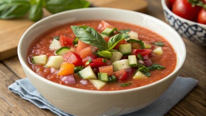 bowl of gazpacho, a healthy summer soup made with diced tomatoes, vegetables, and basil