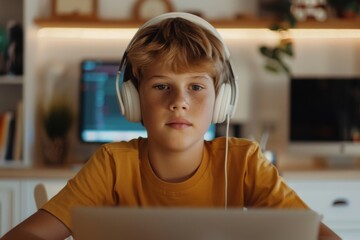 Focused boy programming and wearing headphones at home using laptop computer