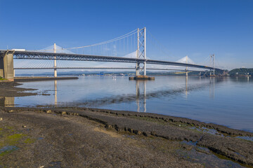 Aerial image of the Forth Road Bridge and Queensferry bridge in Edinburgh - Scotland. 