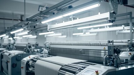 Automated industrial weaving machines are working in a textile factory, producing rolls of white fabric under bright led lights, showcasing modern textile manufacturing processes