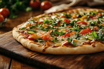 Sustainable summer vegetable scrap pizza on wooden peel