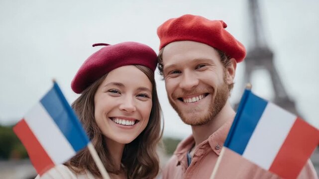 A young Caucasian couple poses joyfully with French flags near the Eiffel Tower, celebrating Bastille Day berets and tourism add cultural flair