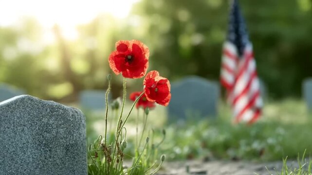 Vibrant red poppies bloom near gravestones, symbolizing Memorial Day remembrance American flag in background solemn, reflective atmosphere cenotaph, tribute