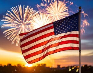 American Flag with Fireworks Display at Sunset over a Cityscape
