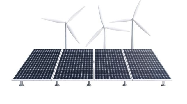 Four solar panels aligned in a row with three large wind turbines positioned behind them, illustrating renewable energy sources. - Powered by Adobe