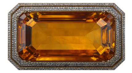 A stunning rectangular citrine gemstone shimmers with brilliant facets, framed by sparkling diamonds set in a luxurious gold setting, transparent background