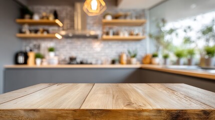 Ultra quality image of wooden table top on blur kitchen room background,Modern Contemporary kitchen room interior.
