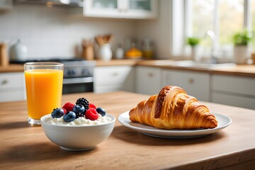 Breakfast with fresh croissants and a cup of coffee on a white table