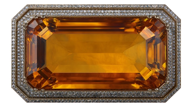 A stunning rectangular citrine gemstone shimmers with brilliant facets, framed by sparkling diamonds set in a luxurious gold setting, transparent background