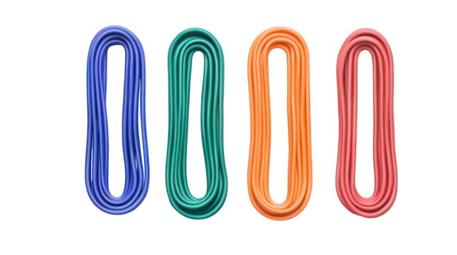 Four neatly coiled climbing ropes in blue, green, orange, and red colors arranged vertically.
