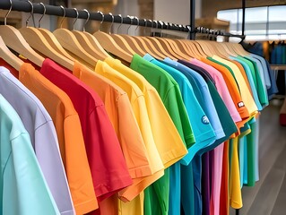 A vibrant rainbow of clothing on a rack in a retail store