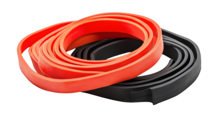 Two coiled resistance bands, one red and one black, designed for strength training and physical exercise.