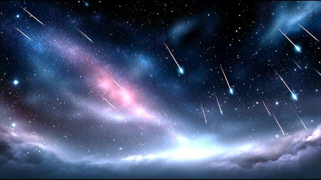 Majestic meteor shower over cloudy night sky with vibrant galaxy display