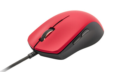 A sleek red and black wired computer mouse with side buttons and a textured scroll wheel on a black background.