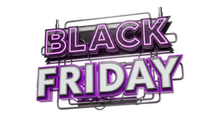 Black friday text with purple outline on a metal frame on black background