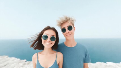 Young Caucasian couple enjoying summer vacation by the ocean, celebrating friendship and adventure features sunglasses carefree lifestyle azure horizon