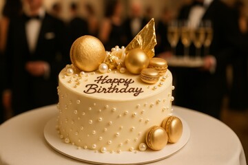 Elegant white birthday cake with golden details and pearls. Perfect dessert for a sophisticated celebration.