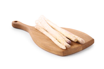 Many raw asparagus spears isolated on white