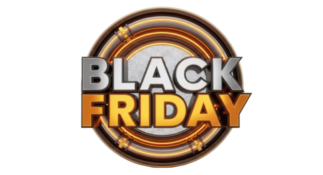 Black friday text in silver and gold with circular glowing border design