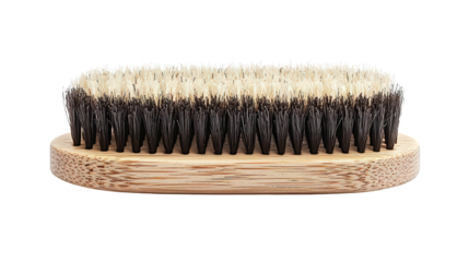 A wooden clothes brush with dense, stiff black and white bristles designed for removing lint and dirt from fabric.