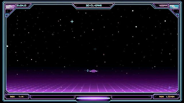 Retro futuristic spaceship journey through starry grid universe in neon glow