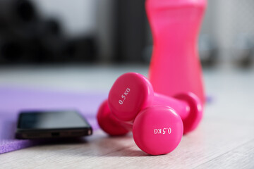 Water bottle, dumbbells, fitness mat and phone in gym, closeup