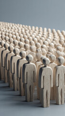 Obraz premium Numerous wooden figures arranged in rows with a neutral background people crowd