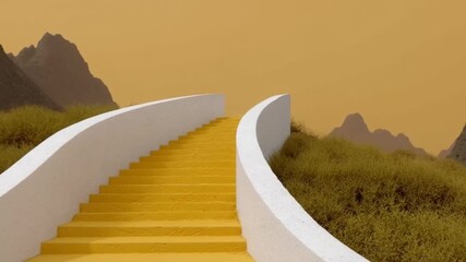 A winding yellow staircase leads through lush hills, under a golden sky, evoking themes of journey, exploration, and serenity features abstract design and tranquility