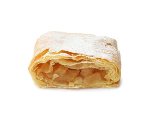 Piece of tasty apple strudel with powdered sugar isolated on white