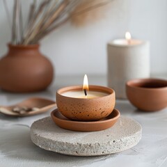 Clay brown candlestick in boho style with burning candle on white table. Home comfort, atmosphere, home design element.