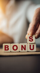 Person placing letter blocks spelling bonus word hand