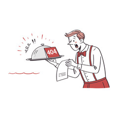 Waiter Reading 404 Menu &ndash; Web Page Not Found Concept in Restaurant Style