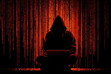 Anonymous hacker uses a laptop in the darkness against a digital background, revealing cybersecurity threats