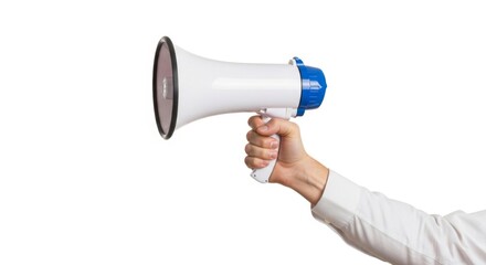 A hand holds a megaphone isolated on white background for making an announcement