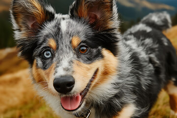 Obraz premium Blurry background with Australian Shepherd playing in sunny meadow. Warm summer day